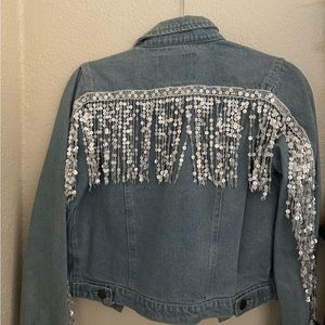 Liquor and poker sequin fringe denim jacket